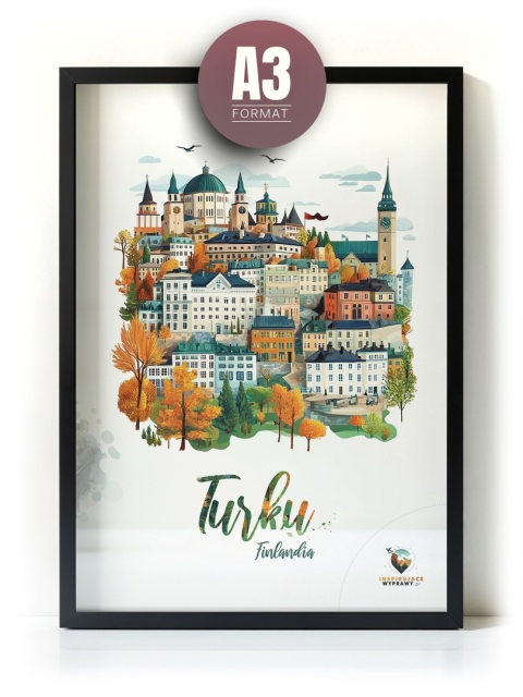 Plakat architektoniczny „Turku, na wzgórzu światła” – fińskie miasto z kopułami i wieżami w pastelowym stylu