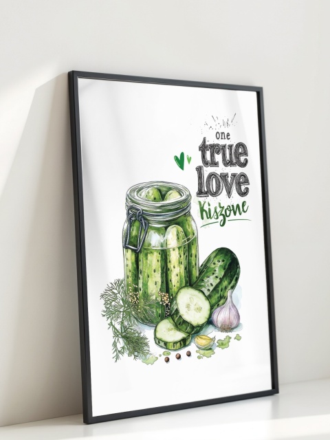 Plakat „One True Love – Kiszone klasycznie” – słoik kiszonych ogórków z czosnkiem i przyprawami w stylu akwarelowym