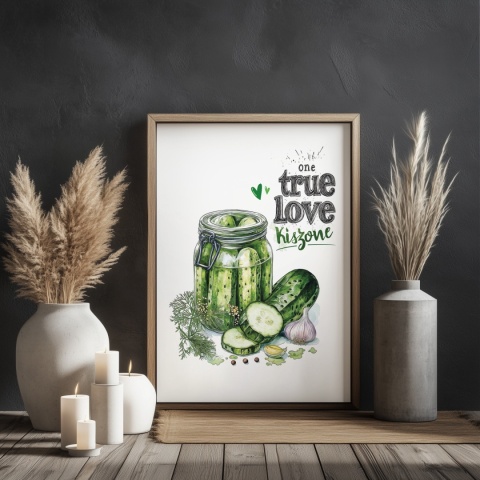 Plakat „One True Love – Kiszone klasycznie” – słoik kiszonych ogórków z czosnkiem i przyprawami w stylu akwarelowym