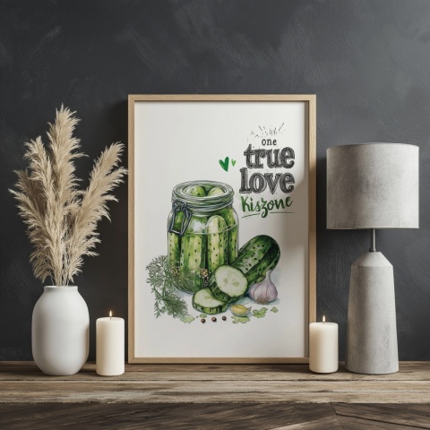 Plakat „One True Love – Kiszone klasycznie” – słoik kiszonych ogórków z czosnkiem i przyprawami w stylu akwarelowym