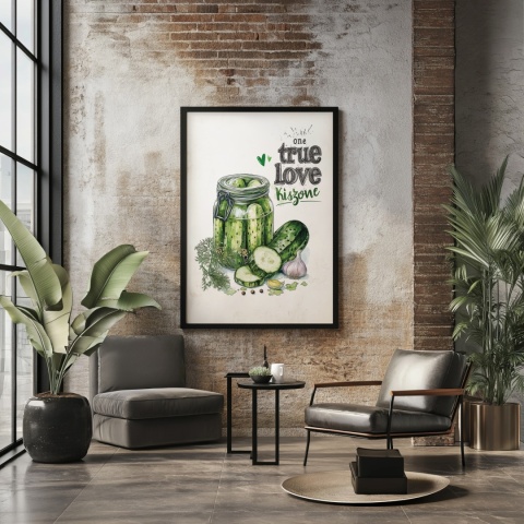 Plakat „One True Love – Kiszone klasycznie” – słoik kiszonych ogórków z czosnkiem i przyprawami w stylu akwarelowym