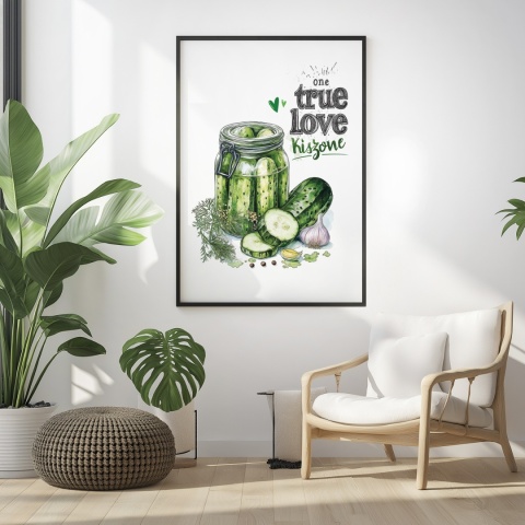 Plakat „One True Love – Kiszone klasycznie” – słoik kiszonych ogórków z czosnkiem i przyprawami w stylu akwarelowym