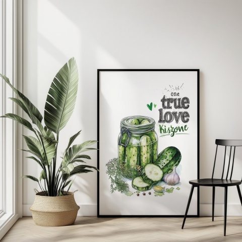 Plakat „One True Love – Kiszone klasycznie” – słoik kiszonych ogórków z czosnkiem i przyprawami w stylu akwarelowym
