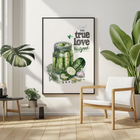 Plakat „One True Love – Kiszone klasycznie” – słoik kiszonych ogórków z czosnkiem i przyprawami w stylu akwarelowym