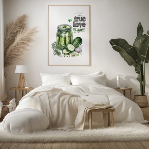 Plakat „One True Love – Kiszone klasycznie” – słoik kiszonych ogórków z czosnkiem i przyprawami w stylu akwarelowym