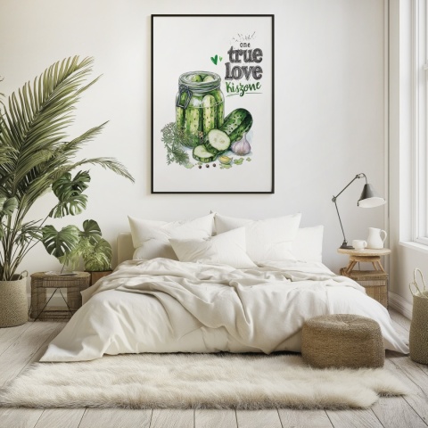 Plakat „One True Love – Kiszone klasycznie” – słoik kiszonych ogórków z czosnkiem i przyprawami w stylu akwarelowym