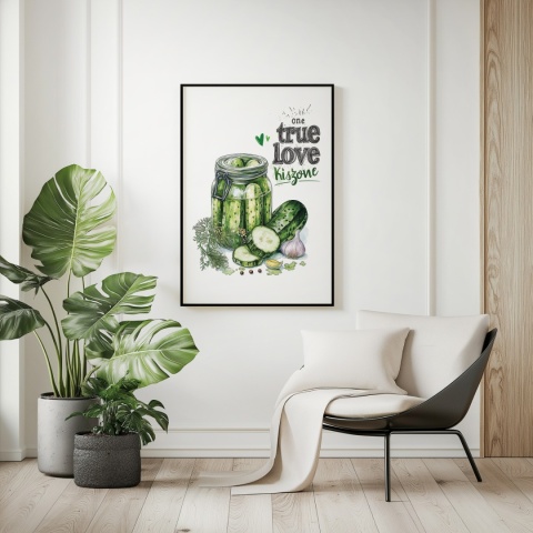 Plakat „One True Love – Kiszone klasycznie” – słoik kiszonych ogórków z czosnkiem i przyprawami w stylu akwarelowym