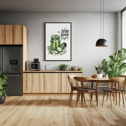 Plakat „One True Love – Kiszone klasycznie” – słoik kiszonych ogórków z czosnkiem i przyprawami w stylu akwarelowym