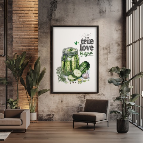 Plakat „One True Love – Kiszone klasycznie” – słoik kiszonych ogórków z czosnkiem i przyprawami w stylu akwarelowym