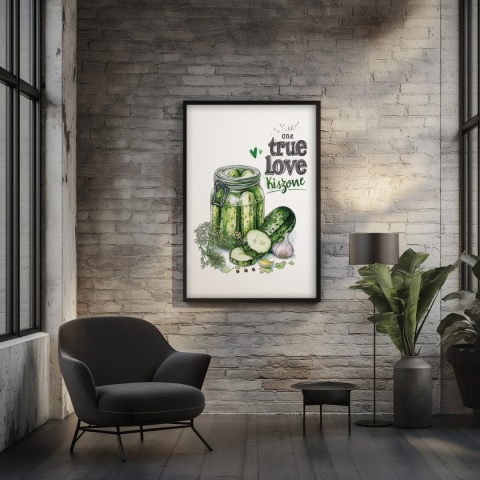 Plakat „One True Love – Kiszone klasycznie” – słoik kiszonych ogórków z czosnkiem i przyprawami w stylu akwarelowym
