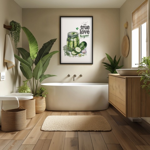 Plakat „One True Love – Kiszone klasycznie” – słoik kiszonych ogórków z czosnkiem i przyprawami w stylu akwarelowym