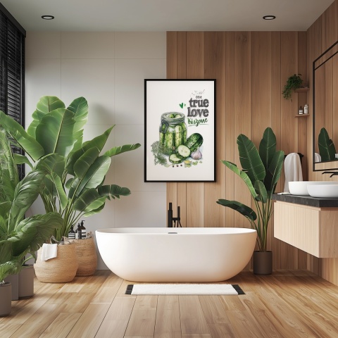 Plakat „One True Love – Kiszone klasycznie” – słoik kiszonych ogórków z czosnkiem i przyprawami w stylu akwarelowym