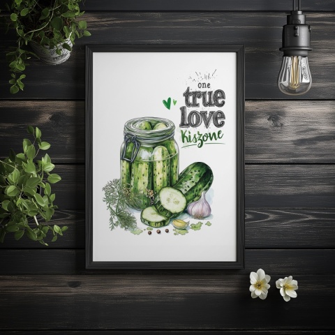 Plakat „One True Love – Kiszone klasycznie” – słoik kiszonych ogórków z czosnkiem i przyprawami w stylu akwarelowym