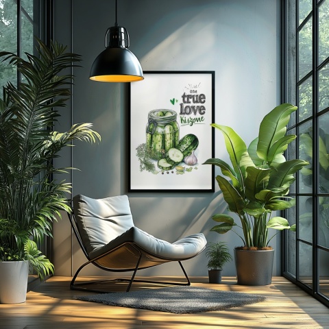 Plakat „One True Love – Kiszone klasycznie” – słoik kiszonych ogórków z czosnkiem i przyprawami w stylu akwarelowym