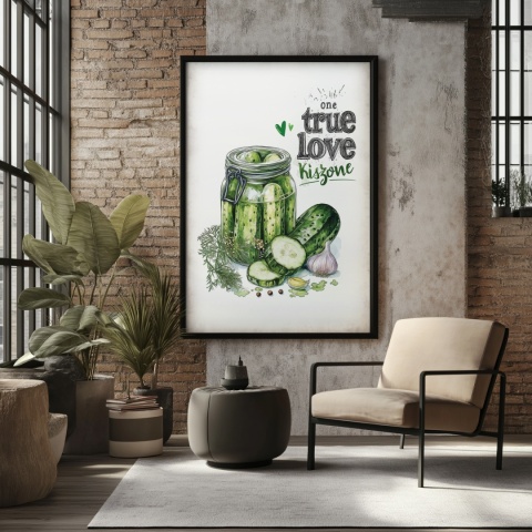 Plakat „One True Love – Kiszone klasycznie” – słoik kiszonych ogórków z czosnkiem i przyprawami w stylu akwarelowym