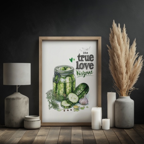 Plakat „One True Love – Kiszone klasycznie” – słoik kiszonych ogórków z czosnkiem i przyprawami w stylu akwarelowym