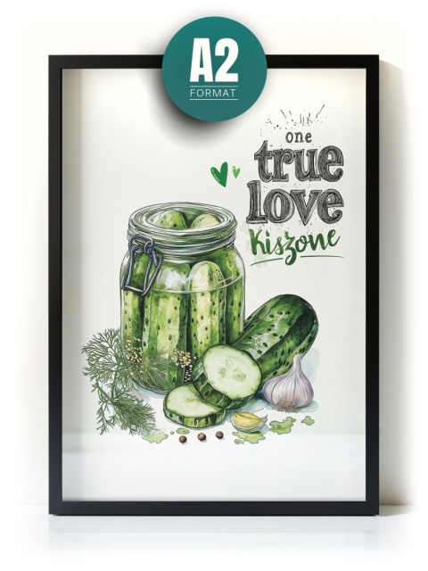 Plakat „One True Love – Kiszone klasycznie” – słoik kiszonych ogórków z czosnkiem i przyprawami w stylu akwarelowym