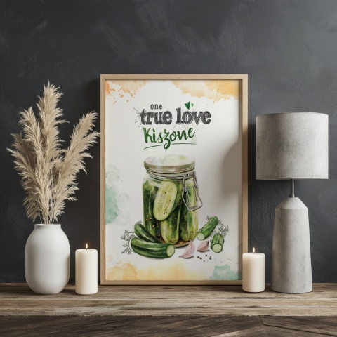 Plakat „One True Love – Kiszone klasycznie” – słoik kiszonych ogórków z czosnkiem i przyprawami w stylu akwarelowym