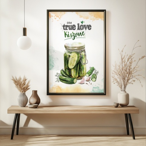 Plakat „One True Love – Kiszone klasycznie” – słoik kiszonych ogórków z czosnkiem i przyprawami w stylu akwarelowym
