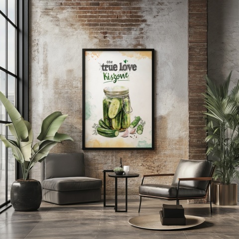 Plakat „One True Love – Kiszone klasycznie” – słoik kiszonych ogórków z czosnkiem i przyprawami w stylu akwarelowym