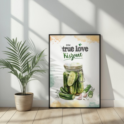 Plakat „One True Love – Kiszone klasycznie” – słoik kiszonych ogórków z czosnkiem i przyprawami w stylu akwarelowym