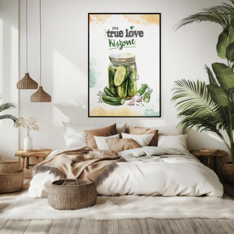 Plakat „One True Love – Kiszone klasycznie” – słoik kiszonych ogórków z czosnkiem i przyprawami w stylu akwarelowym