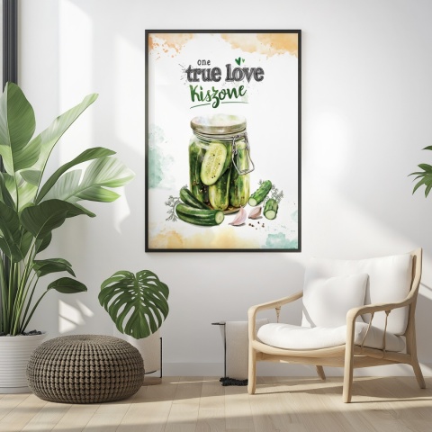 Plakat „One True Love – Kiszone klasycznie” – słoik kiszonych ogórków z czosnkiem i przyprawami w stylu akwarelowym