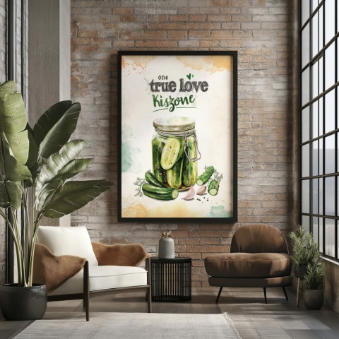 Plakat „One True Love – Kiszone klasycznie” – słoik kiszonych ogórków z czosnkiem i przyprawami w stylu akwarelowym