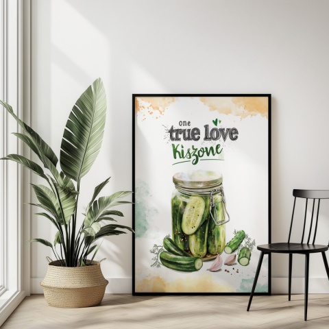 Plakat „One True Love – Kiszone klasycznie” – słoik kiszonych ogórków z czosnkiem i przyprawami w stylu akwarelowym