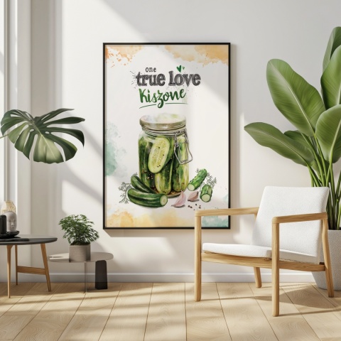 Plakat „One True Love – Kiszone klasycznie” – słoik kiszonych ogórków z czosnkiem i przyprawami w stylu akwarelowym