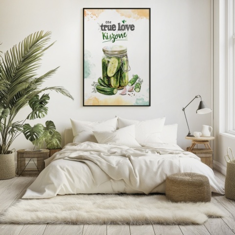 Plakat „One True Love – Kiszone klasycznie” – słoik kiszonych ogórków z czosnkiem i przyprawami w stylu akwarelowym