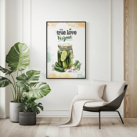 Plakat „One True Love – Kiszone klasycznie” – słoik kiszonych ogórków z czosnkiem i przyprawami w stylu akwarelowym