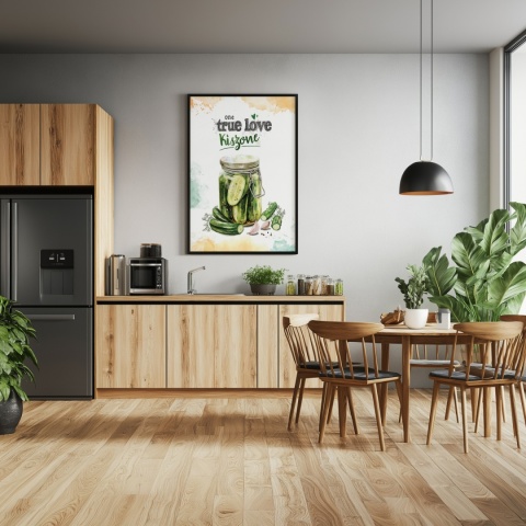 Plakat „One True Love – Kiszone klasycznie” – słoik kiszonych ogórków z czosnkiem i przyprawami w stylu akwarelowym