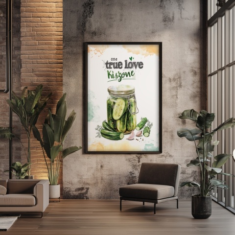 Plakat „One True Love – Kiszone klasycznie” – słoik kiszonych ogórków z czosnkiem i przyprawami w stylu akwarelowym