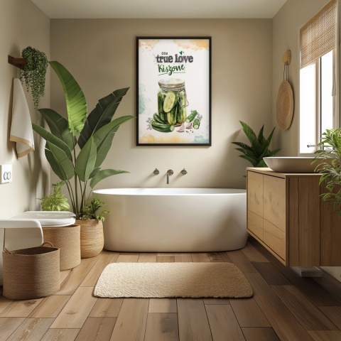 Plakat „One True Love – Kiszone klasycznie” – słoik kiszonych ogórków z czosnkiem i przyprawami w stylu akwarelowym