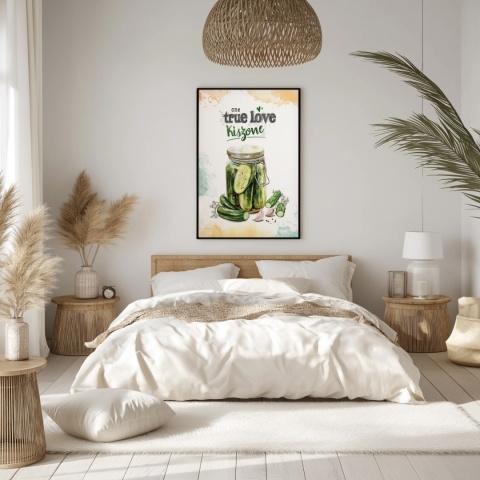 Plakat „One True Love – Kiszone klasycznie” – słoik kiszonych ogórków z czosnkiem i przyprawami w stylu akwarelowym