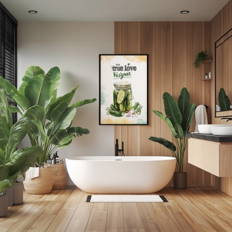 Plakat „One True Love – Kiszone klasycznie” – słoik kiszonych ogórków z czosnkiem i przyprawami w stylu akwarelowym