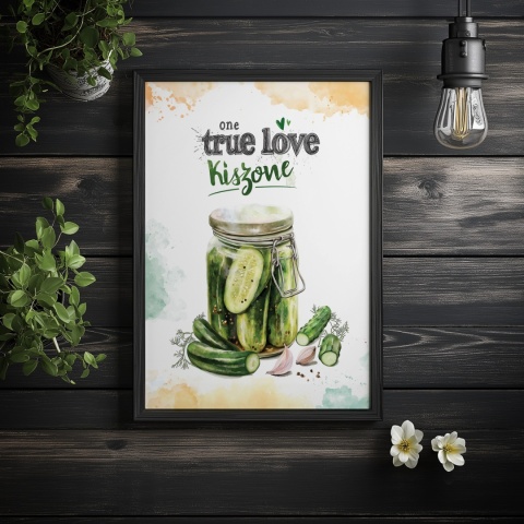 Plakat „One True Love – Kiszone klasycznie” – słoik kiszonych ogórków z czosnkiem i przyprawami w stylu akwarelowym