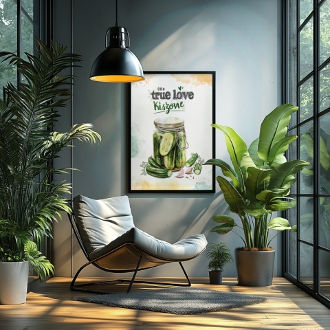 Plakat „One True Love – Kiszone klasycznie” – słoik kiszonych ogórków z czosnkiem i przyprawami w stylu akwarelowym