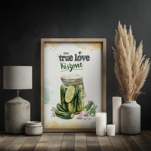 Plakat „One True Love – Kiszone klasycznie” – słoik kiszonych ogórków z czosnkiem i przyprawami w stylu akwarelowym