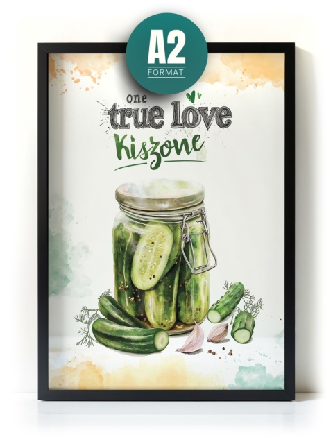 Plakat „One True Love – Kiszone klasycznie” – słoik kiszonych ogórków z czosnkiem i przyprawami w stylu akwarelowym