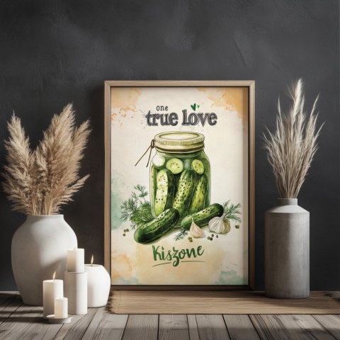 Plakat „One True Love – Kiszone klasycznie” – słoik kiszonych ogórków z czosnkiem i przyprawami w stylu akwarelowym