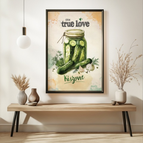 Plakat „One True Love – Kiszone klasycznie” – słoik kiszonych ogórków z czosnkiem i przyprawami w stylu akwarelowym