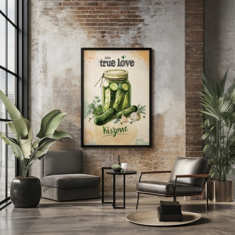 Plakat „One True Love – Kiszone klasycznie” – słoik kiszonych ogórków z czosnkiem i przyprawami w stylu akwarelowym