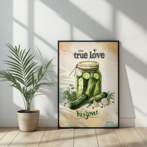 Plakat „One True Love – Kiszone klasycznie” – słoik kiszonych ogórków z czosnkiem i przyprawami w stylu akwarelowym