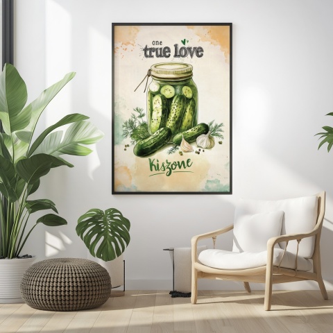 Plakat „One True Love – Kiszone klasycznie” – słoik kiszonych ogórków z czosnkiem i przyprawami w stylu akwarelowym