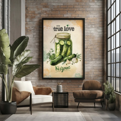 Plakat „One True Love – Kiszone klasycznie” – słoik kiszonych ogórków z czosnkiem i przyprawami w stylu akwarelowym