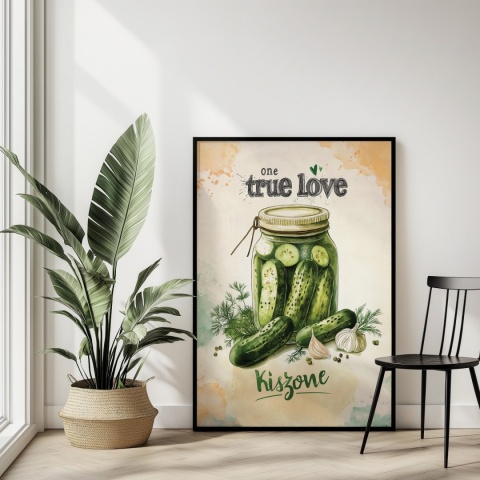 Plakat „One True Love – Kiszone klasycznie” – słoik kiszonych ogórków z czosnkiem i przyprawami w stylu akwarelowym
