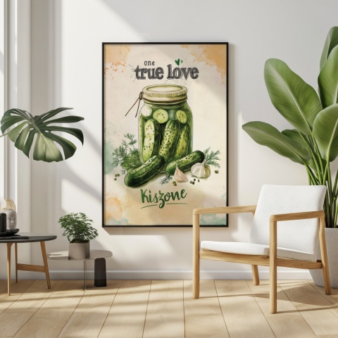 Plakat „One True Love – Kiszone klasycznie” – słoik kiszonych ogórków z czosnkiem i przyprawami w stylu akwarelowym