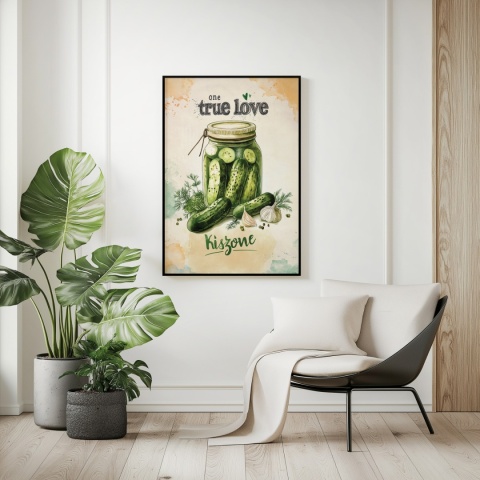 Plakat „One True Love – Kiszone klasycznie” – słoik kiszonych ogórków z czosnkiem i przyprawami w stylu akwarelowym